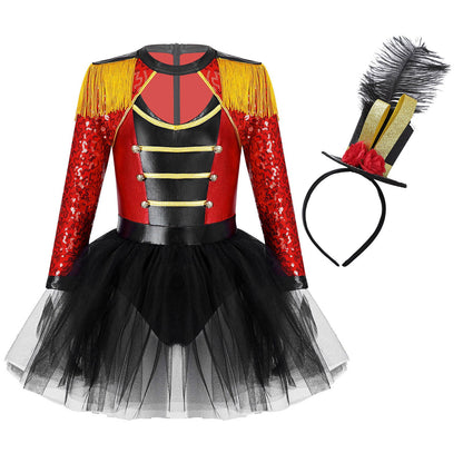 Girls Circus Ringmaster Magician Sequin Leotard Tutu Dress Costume (Age 6-16 YRS)