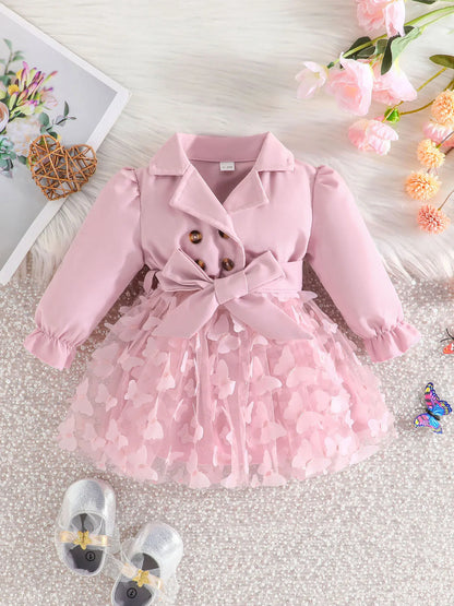 Baby Girls Long Sleeve Butterfly Embroidered Mesh Dress (Age 3M-24M)