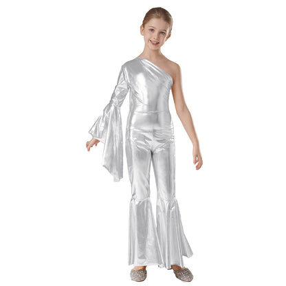 Girls Dance Metallic One Shoulder Bell-Bottom Jumpsuit (Age 6-16YRS)