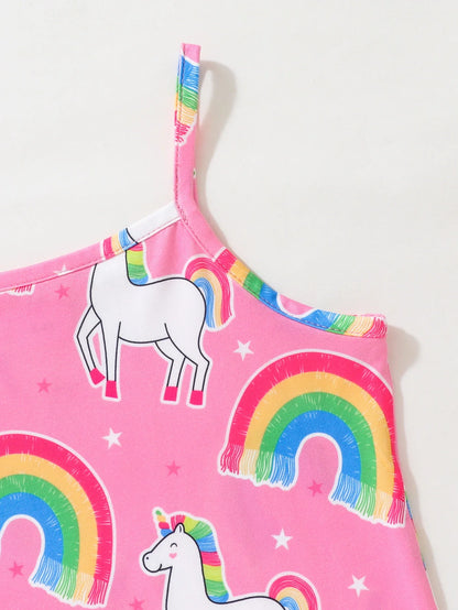 Girls Pink Rainbow & Unicorn Print Summer Dress (Age 3-7 YRS)