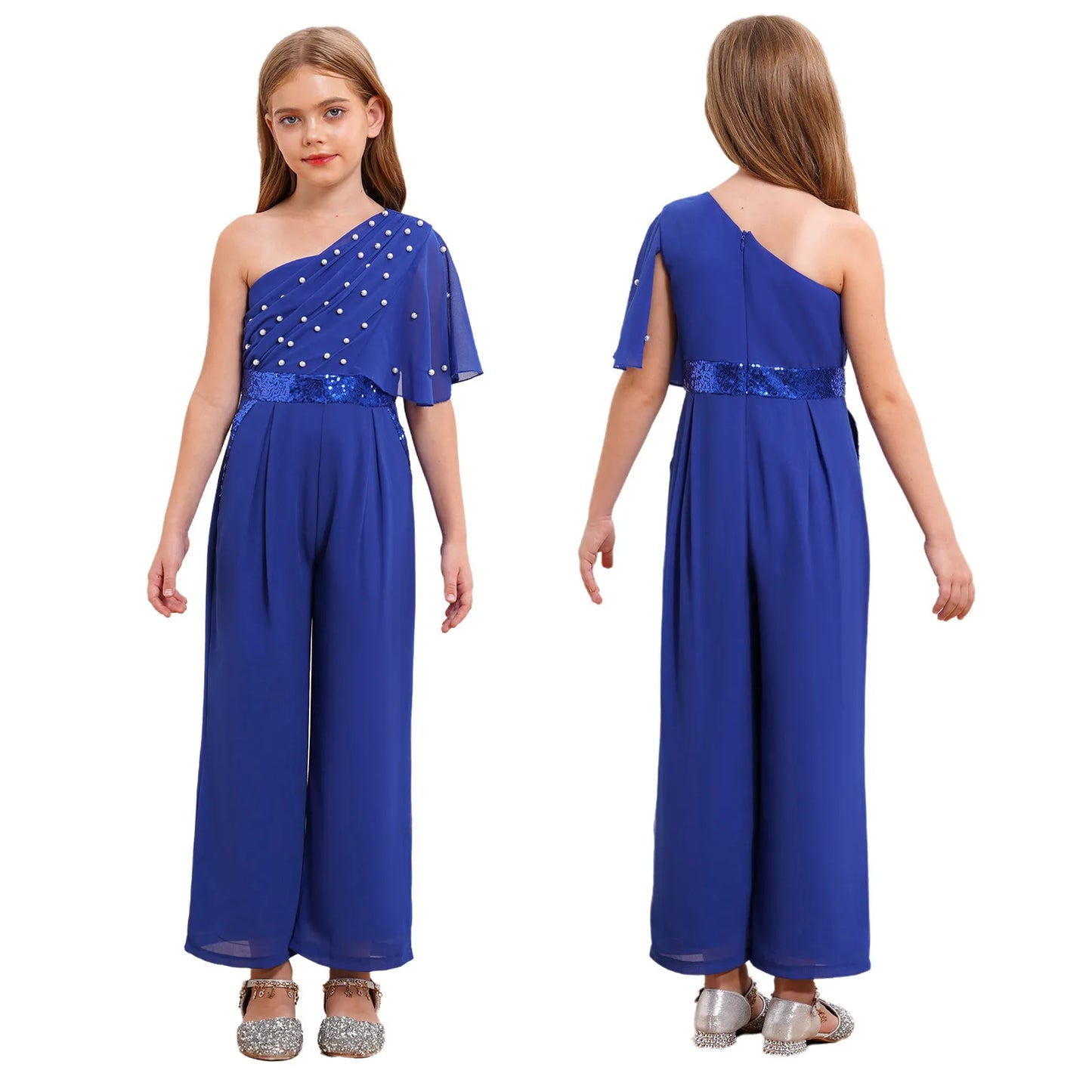 Girls One Shoulder PearlSequin Ruffled Wide Leg Jumpsuit (Age 6-14YRS)