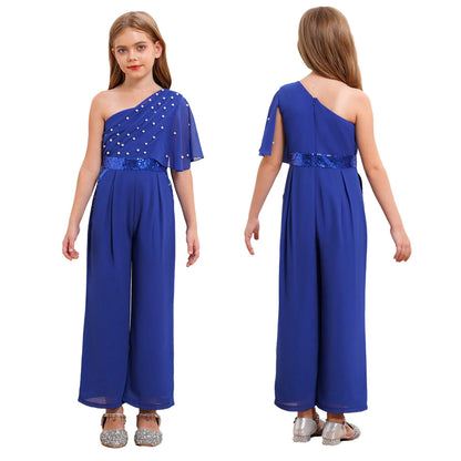Girls One Shoulder PearlSequin Ruffled Wide Leg Jumpsuit (Age 6-14YRS)