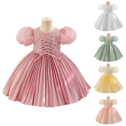 Baby Girls Princess Puff Sleeves Satin Faux Pearls Pleated Tulle Dress (9M-5YRS)