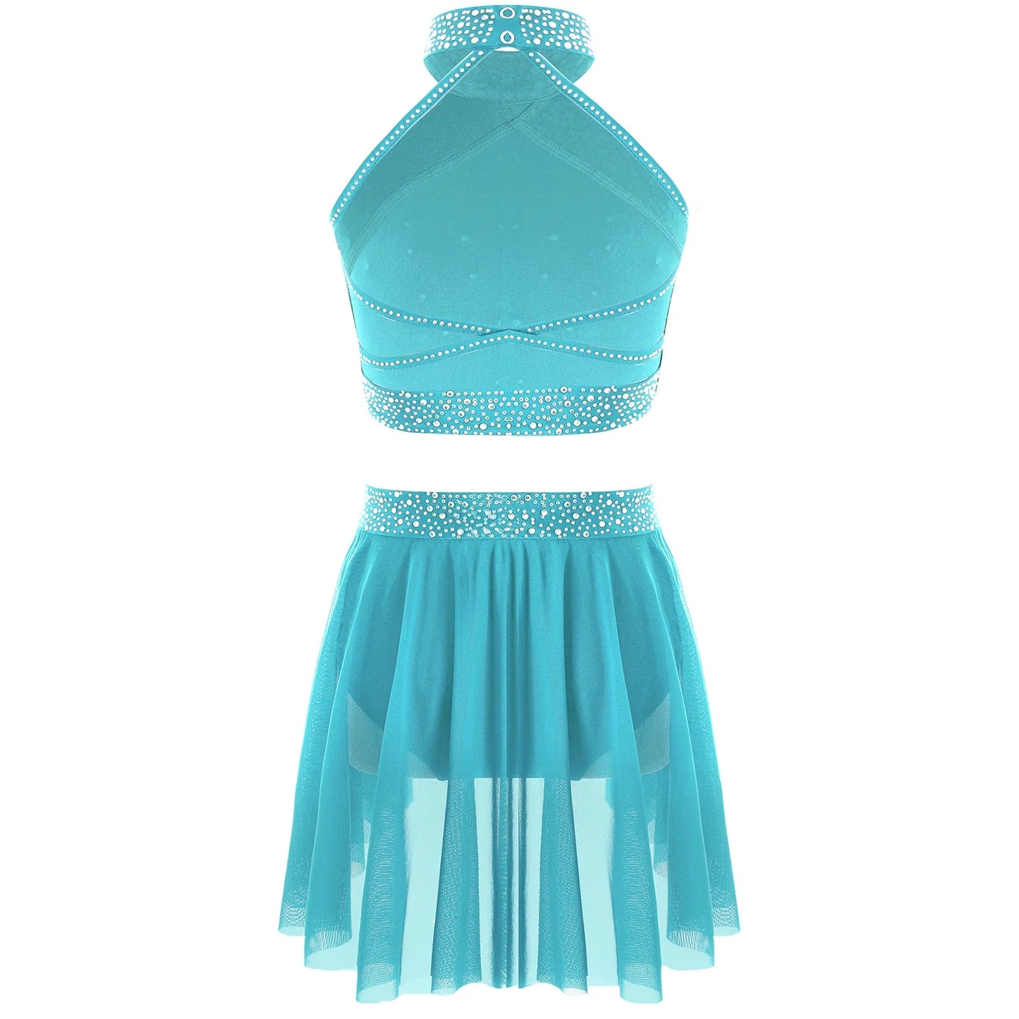 Girls Rhinestones Dance Outfit Tops & Skirt Set (Age 6-16 YRS)