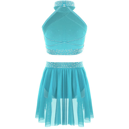 Girls Rhinestones Dance Outfit Tops & Skirt Set (Age 6-16 YRS)