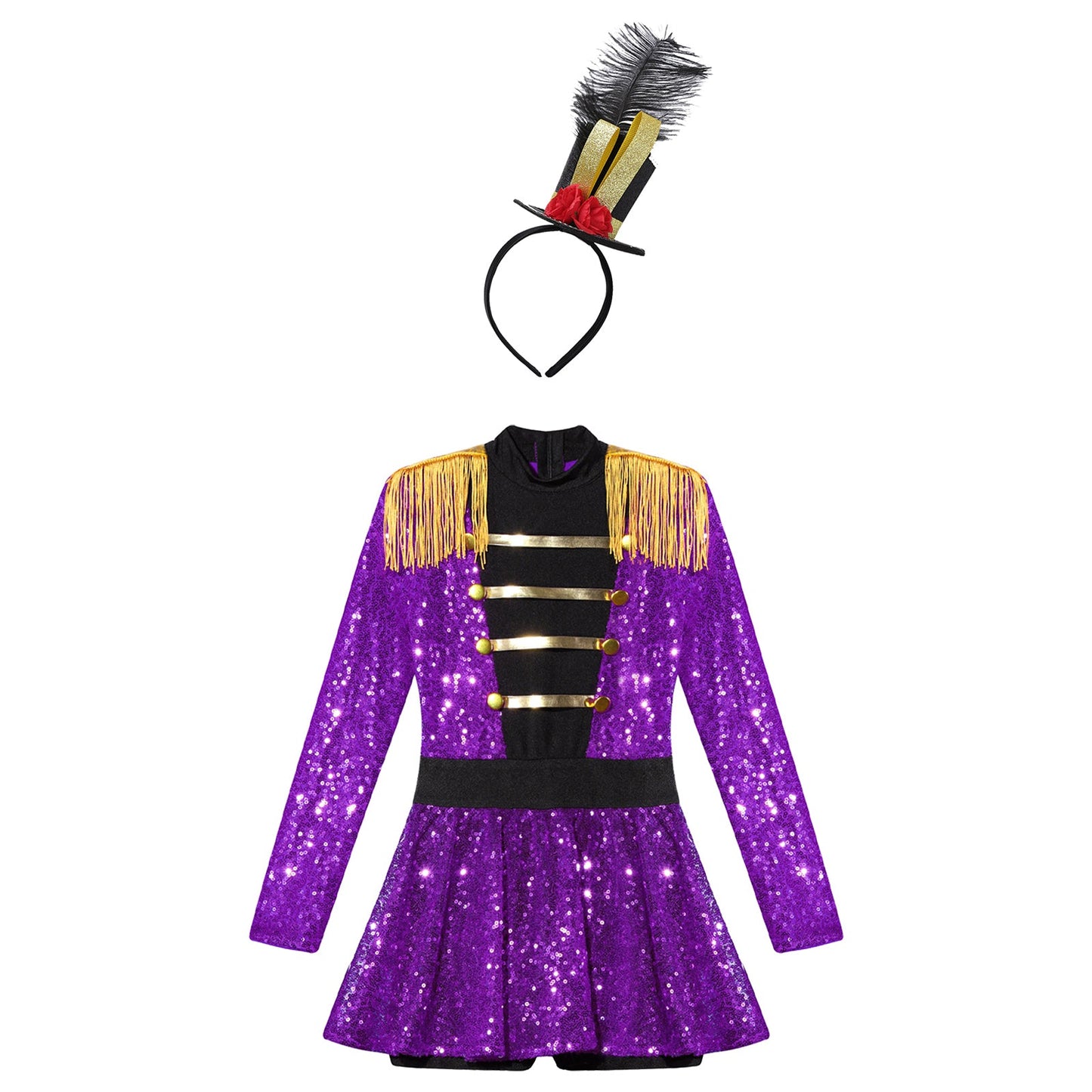 Girls Halloween Circus Ringmaster  Costume Long Sleeve Sequin Leotard Dress (Age 6-14YRS)