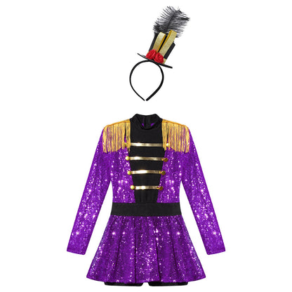 Girls Halloween Circus Ringmaster  Costume Long Sleeve Sequin Leotard Dress (Age 6-14YRS)