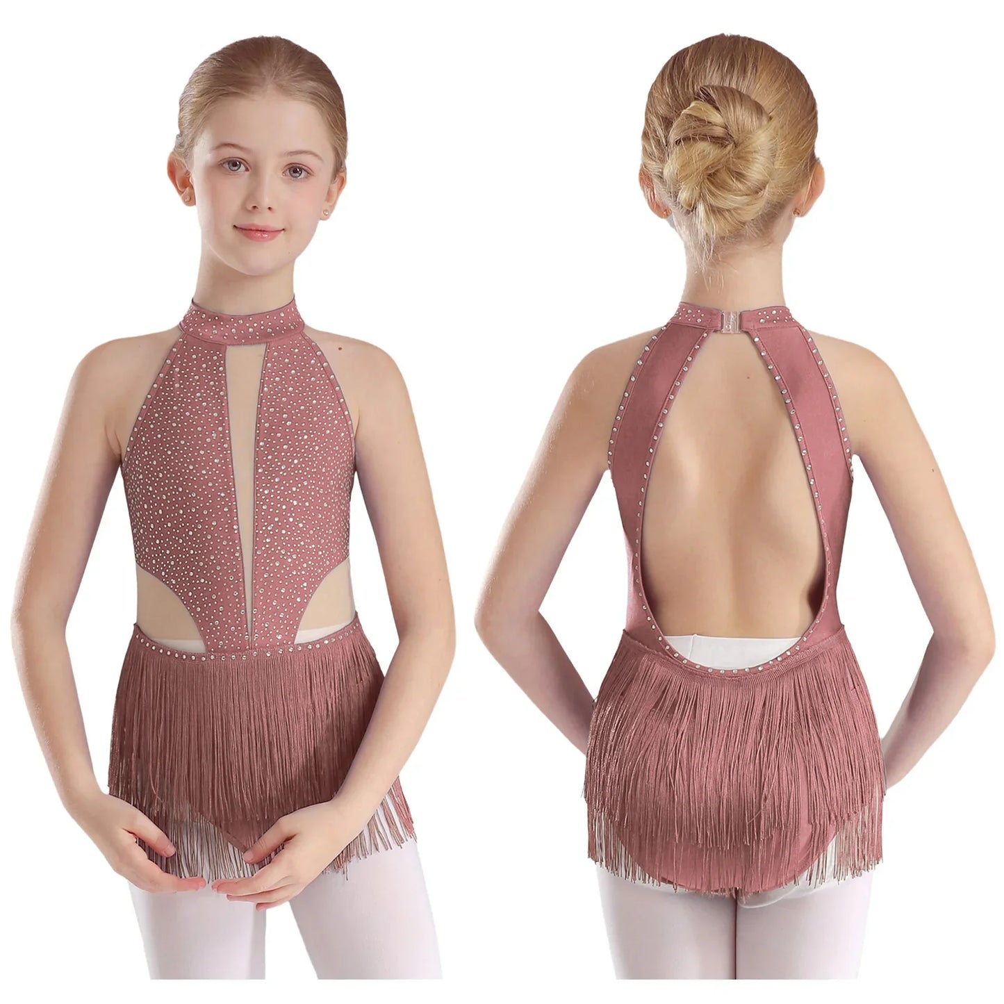 Girls Dance Costume Sleeveless Rhinestone Tassel Leotard (Age 6-16 YRS)