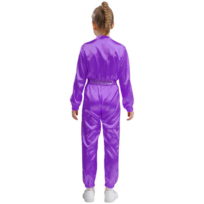 Girls Sequin Satin m Long Sleeve Zipper Jumpsuit (Age 6-16 YRS)
