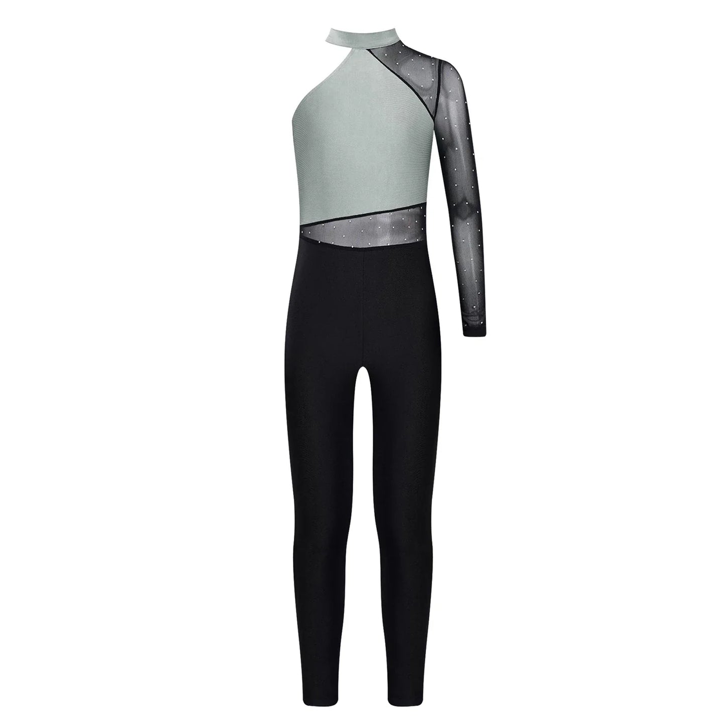 Girls Gymnastics Rhinestones Sheer Mesh Jumpsuit (Age 6-16 YRS)