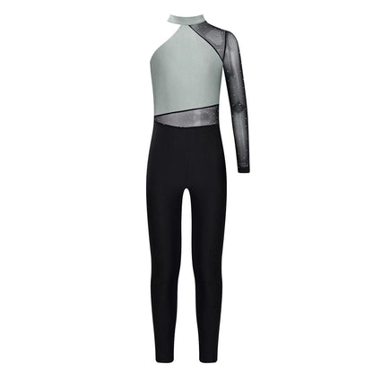 Girls Gymnastics Rhinestones Sheer Mesh Jumpsuit (Age 6-16 YRS)