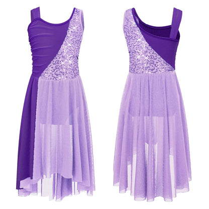 Girls Dance Sleeveless Color Block m Leotard Dress (Age 6-16YRS)