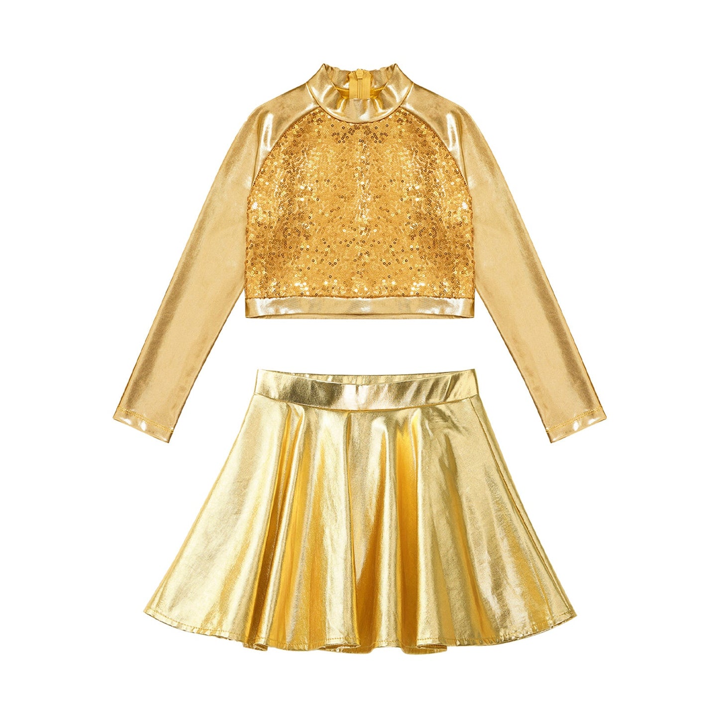 Girls Dance Metallic Long Sleeve Sequin Crop Top & Skirt (Age 6-14YRS)