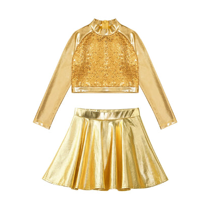 Girls Dance Metallic Long Sleeve Sequin Crop Top & Skirt (Age 6-14YRS)