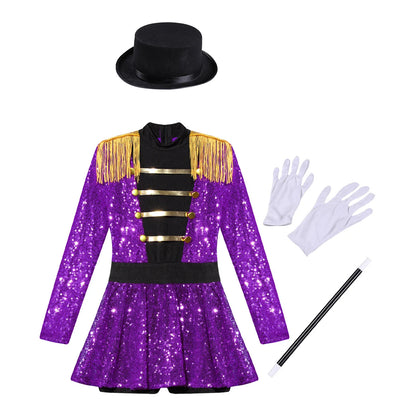 Girls Halloween Circus Ringmaster  Costume Long Sleeve Sequin Leotard Dress (Age 6-14YRS)