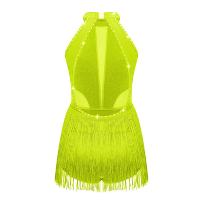 Girls Dance Costume Sleeveless Rhinestone Tassel Leotard (Age 6-16 YRS)