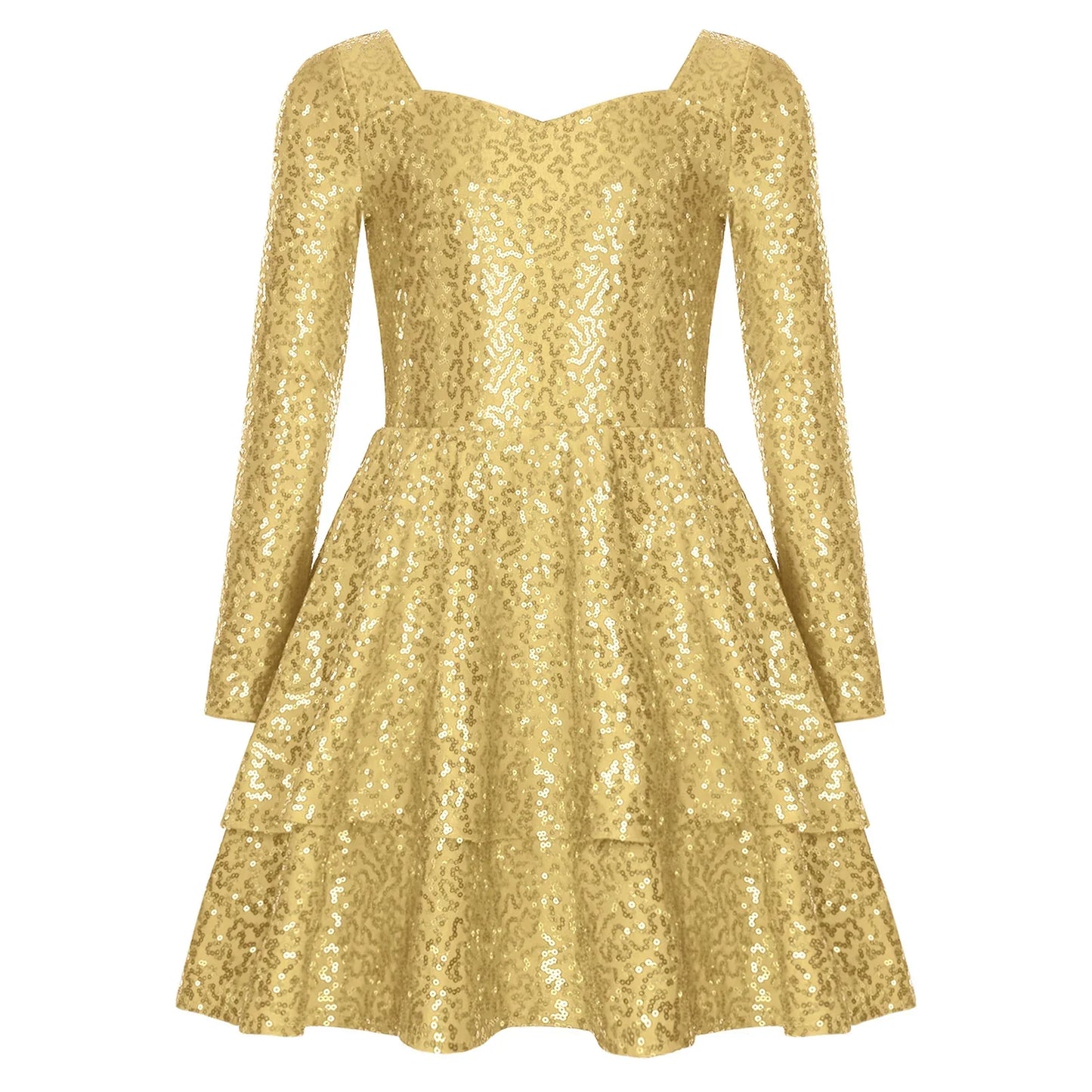 Girls Sequin Long Sleeve Double Layer Hemline Dress (Age 6-14 YRS)