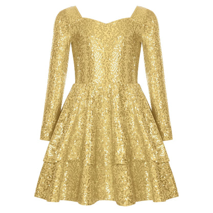 Girls Sequin Long Sleeve Double Layer Hemline Dress (Age 6-14 YRS)