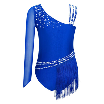 Girls Figure Skating Rhinestone Irregular Tassel Bodysuit Leotard (Age  6-16YRS)