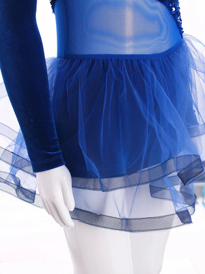 Girls Figure Skating Dance Costume Sequin Long Sleeve Velvet Mesh Leotard Dress (Age 6-14 YRS)