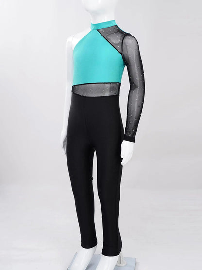 Girls Gymnastics Rhinestones Sheer Mesh Jumpsuit (Age 6-16 YRS)