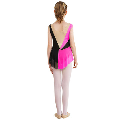 Rhinestone Gymnastics Figure Skating Dress for Teen Girls Sleeveless Sheer Mesh Tutu Ballet Leotard Lyrical Performance Costume