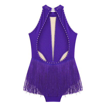 Girls Dance Costume Sleeveless Rhinestone Tassel Leotard (Age 6-16 YRS)