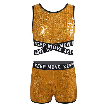 Girls Sequin Dance Top & Shorts Set (Age 4-16YRS)