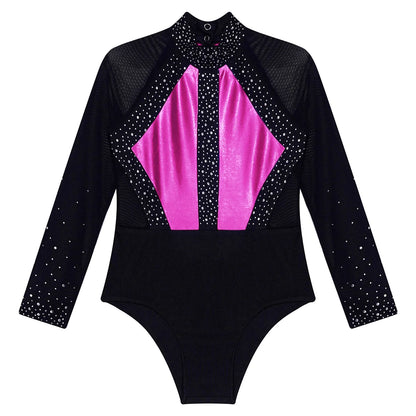 Girls Dance Performance Costume Long Sleeve Rhinestone Leotard (Age 6-16 YRS)