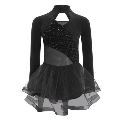 Girls Figure Skating Dance Costume Sequin Long Sleeve Velvet Mesh Leotard Dress (Age 6-14 YRS)