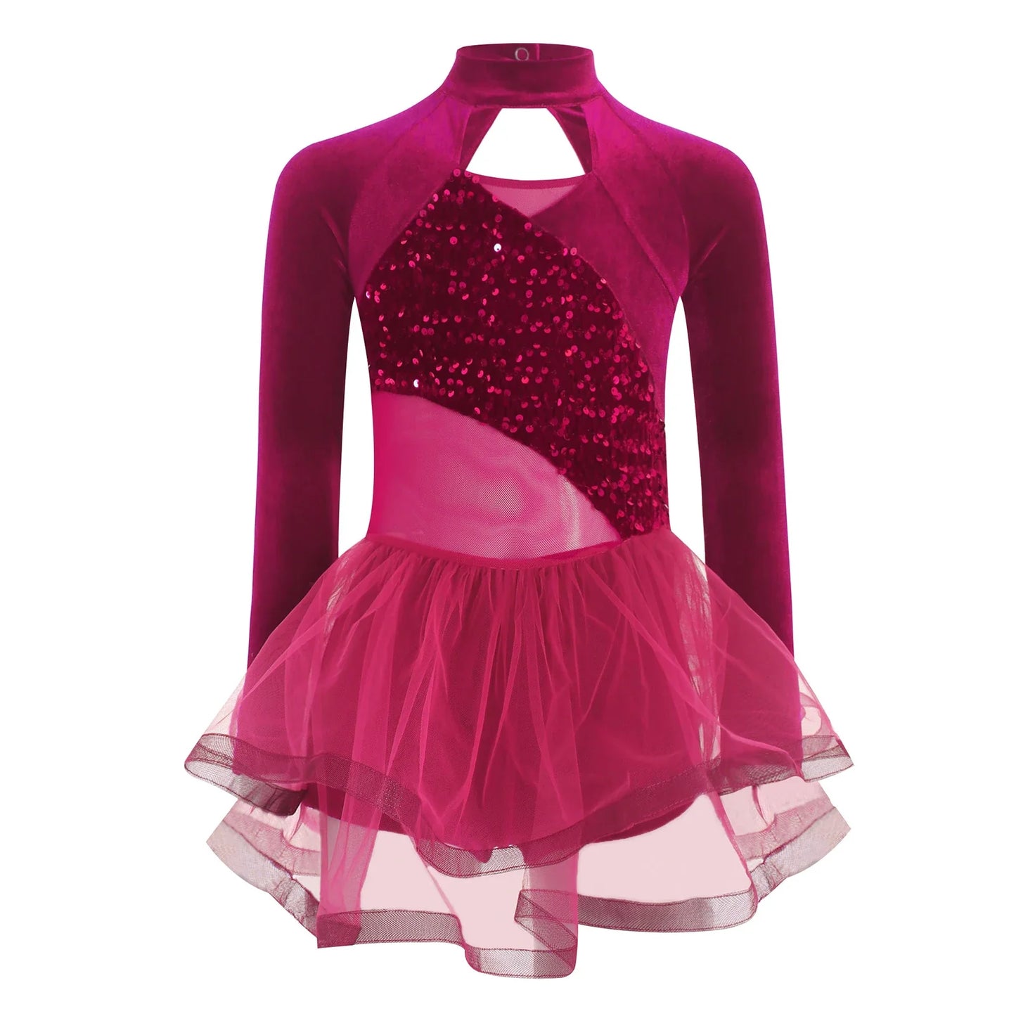 Girls Figure Skating Dance Costume Sequin Long Sleeve Velvet Mesh Leotard Dress (Age 6-14 YRS)
