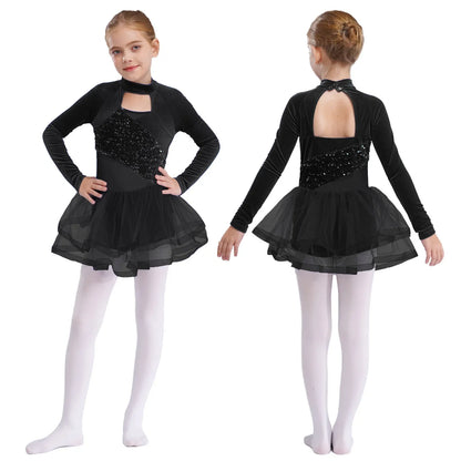 Girls Figure Skating Dance Costume Sequin Long Sleeve Velvet Mesh Leotard Dress (Age 6-14 YRS)