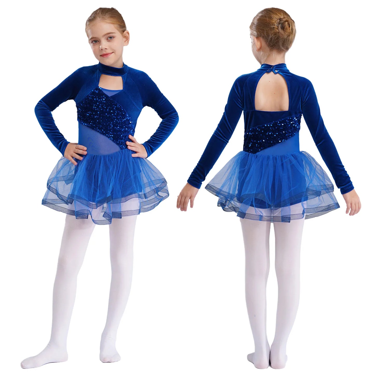 Girls Figure Skating Dance Costume Sequin Long Sleeve Velvet Mesh Leotard Dress (Age 6-14 YRS)