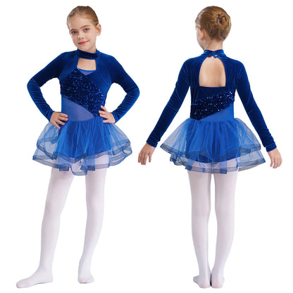 Girls Figure Skating Dance Costume Sequin Long Sleeve Velvet Mesh Leotard Dress (Age 6-14 YRS)
