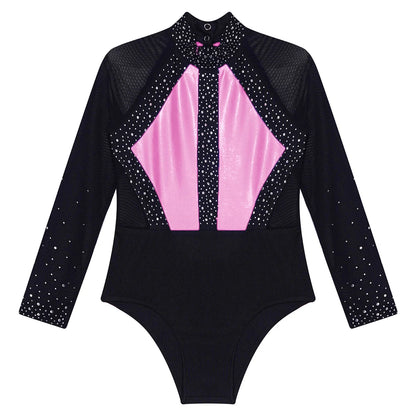 Girls Dance Performance Costume Long Sleeve Rhinestone Leotard (Age 6-16 YRS)