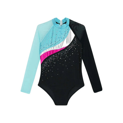 Girls Ballet Dance Leotard Gymnastics  Rhinestones Sheer Mesh Long Sleeve (Age 4-16 YRS)