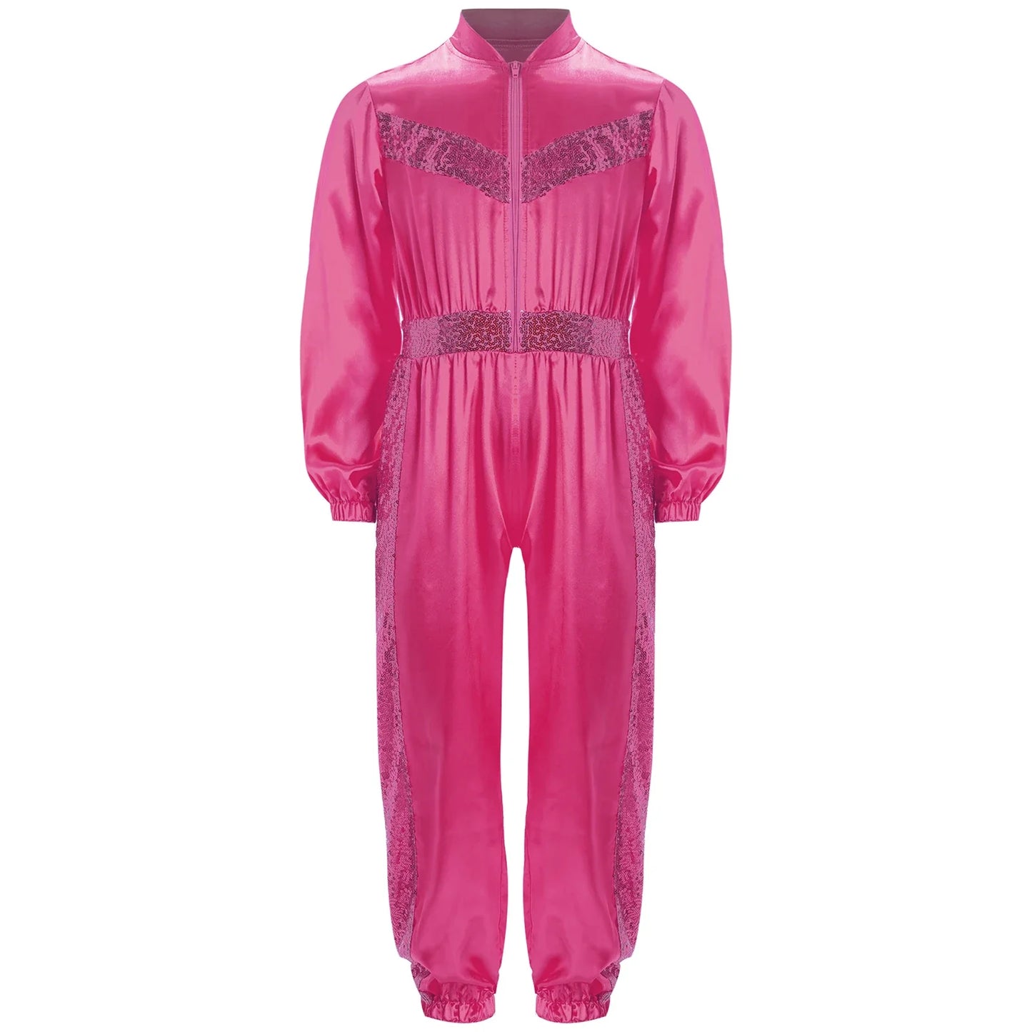 Girls Sequin Satin m Long Sleeve Zipper Jumpsuit (Age 6-16 YRS)