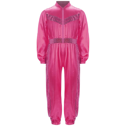 Girls Sequin Satin m Long Sleeve Zipper Jumpsuit (Age 6-16 YRS)