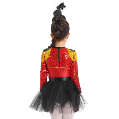 Girls Circus Ringmaster Magician Sequin Leotard Tutu Dress Costume (Age 6-16 YRS)