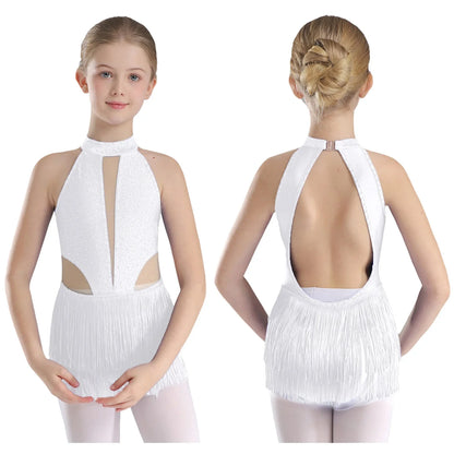 Girls Dance Costume Sleeveless Rhinestone Tassel Leotard (Age 6-16 YRS)