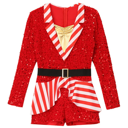 Girls Christmas Candy Cane Long Sleeve Sequin Stripe Costume (Age 6-16 YRS)