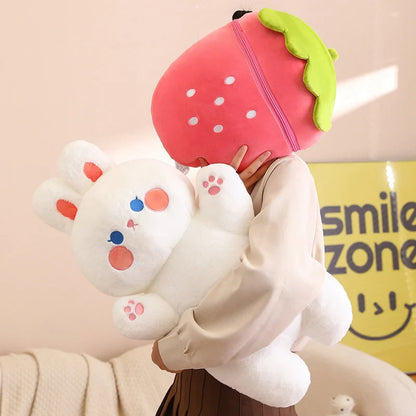 Plush Rabbit Hiding in Strawberry Bag Stuffed Toy 30-80cm