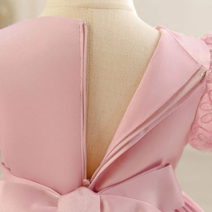Baby Girls Princess Puff Sleeves Satin Faux Pearls Pleated Tulle Dress (9M-5YRS)