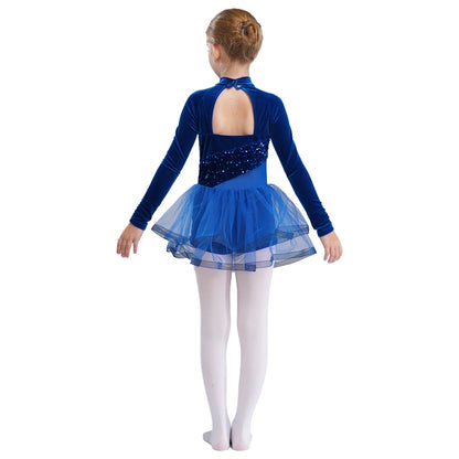 Girls Figure Skating Dance Costume Sequin Long Sleeve Velvet Mesh Leotard Dress (Age 6-14 YRS)