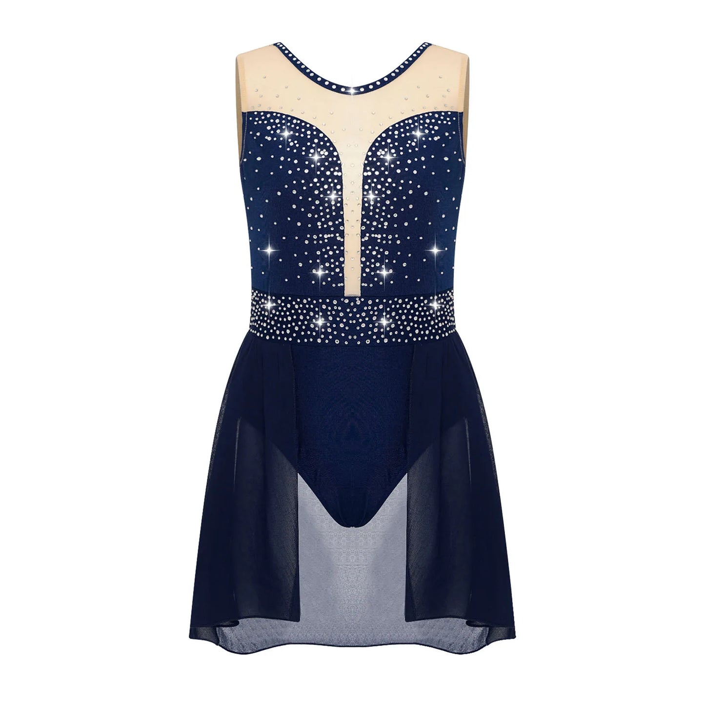 Rhinestone Gymnastics Figure Skating Dress for Teen Girls Sleeveless Sheer Mesh Tutu Ballet Leotard Lyrical Performance Costume