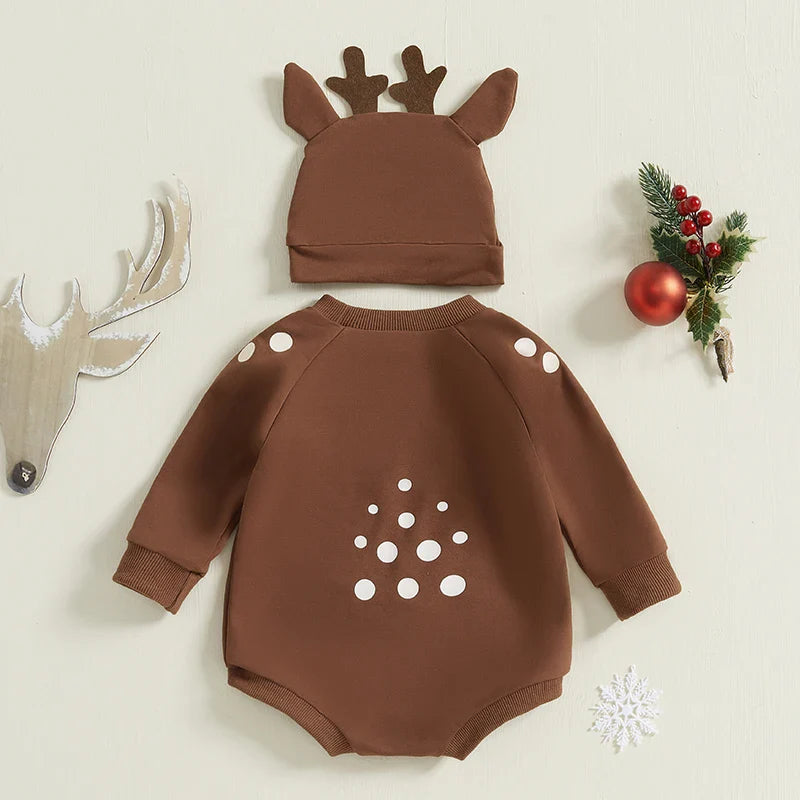 Baby Girls/Boys Reindeer Christmas Romper & Hat (Age Newborn-18M)