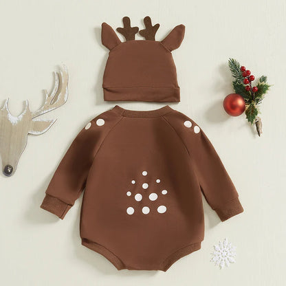 Baby Girls/Boys Reindeer Christmas Romper & Hat (Age Newborn-18M)