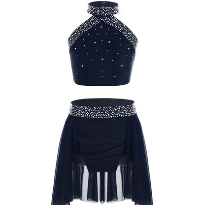 Girls Rhinestones Dance Outfit Tops & Skirt Set (Age 6-16 YRS)