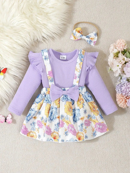 Baby Girls Floral Print Small Flying Sleeve Dress & Bodysuit & Headband (Age Newborn-18M)