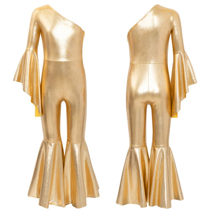 Girls Dance Metallic One Shoulder Bell-Bottom Jumpsuit (Age 6-16YRS)